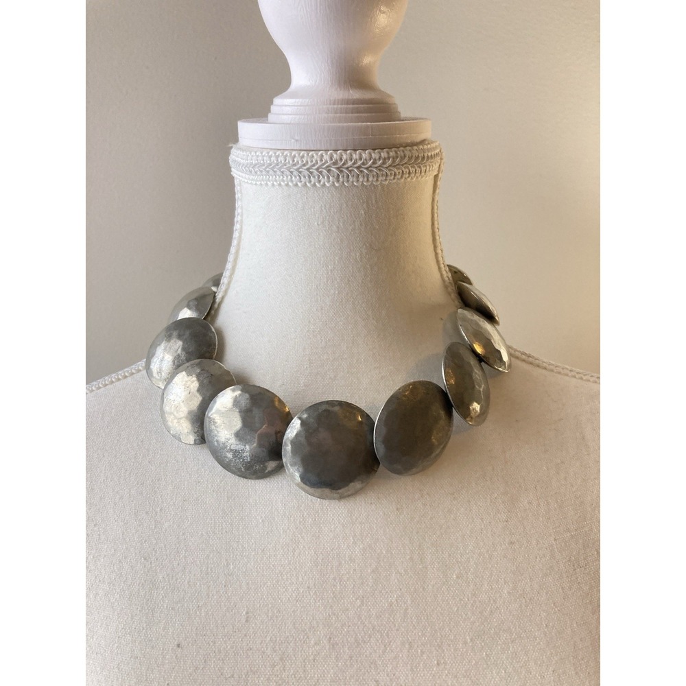Hammered Brutalist‎ Necklace Silver Tone Disc Statement Modernist Bib Collar